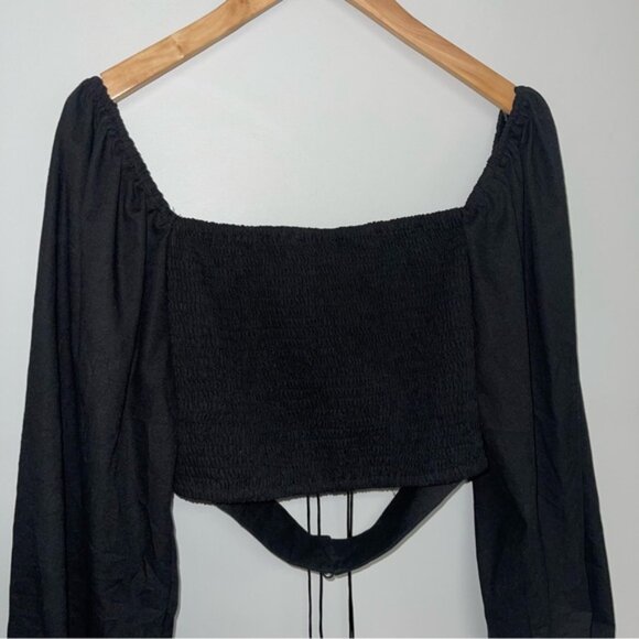 Lioness Long Sleeve Crop Blouse Women's Size Medium Black‎ Tie-Front Top Puff - Picture 7 of 12
